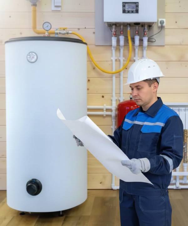 A plumber fixing a boiler A plumber fixing a boiler