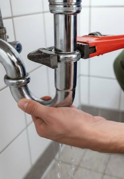 A plumber fixing a wash basin leak Plumber repairing a leaking wash basin