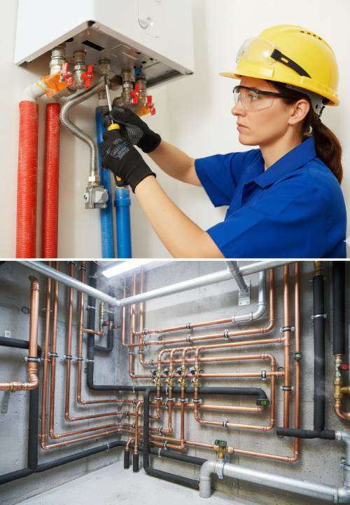 A plumber mounted boiler system and complex pipe network A plumber mounting boiler system and complex pipe network
