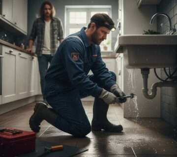 Emergency plumber fixing a burst pipe in a kitchen