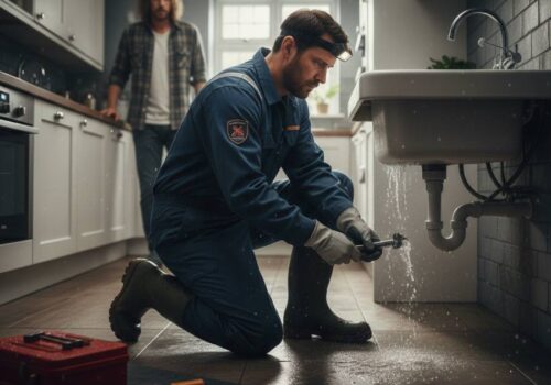 Emergency plumber fixing a burst pipe in a kitchen