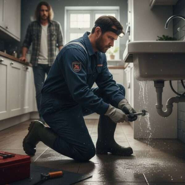 Emergency plumber fixing a burst pipe in a kitchen