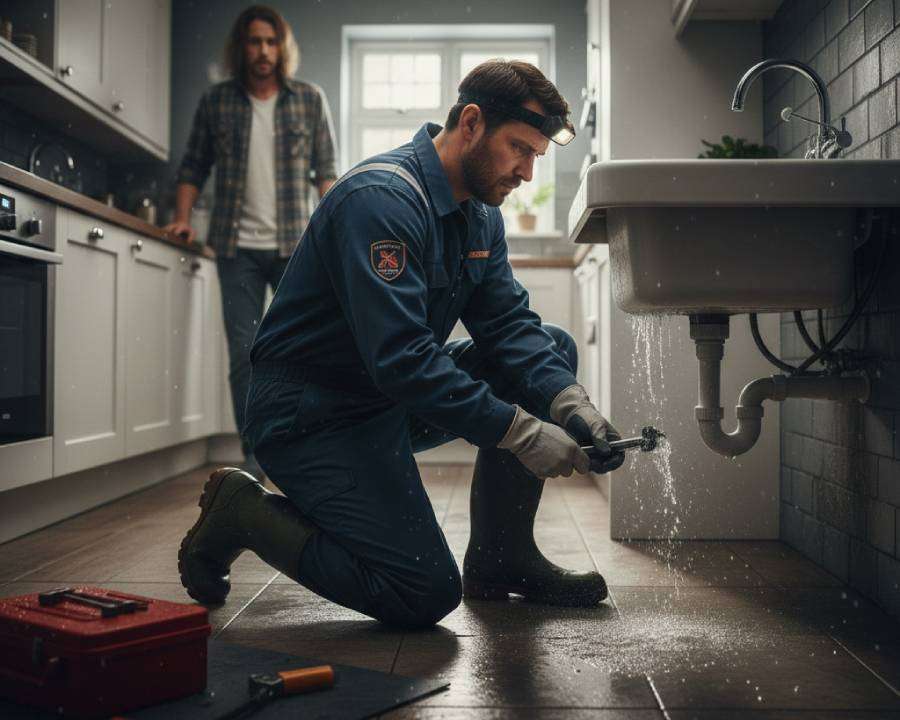Emergency plumber fixing a burst pipe in a kitchen