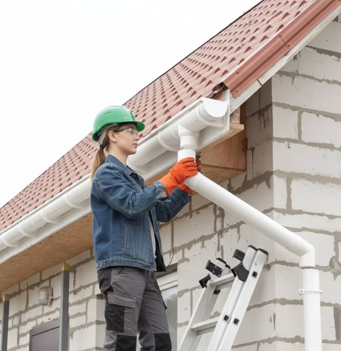 Female plumber fixing a roof drainage issue Female plumber fixing a roof drainage issue