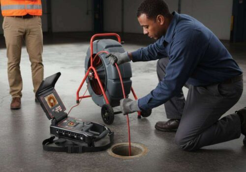 Plumber inspecting a drain with a CCTV