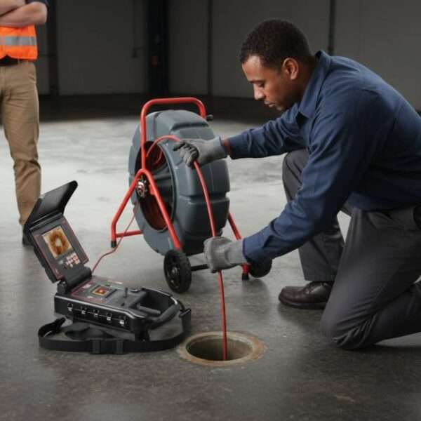 Plumber inspecting a drain with a CCTV