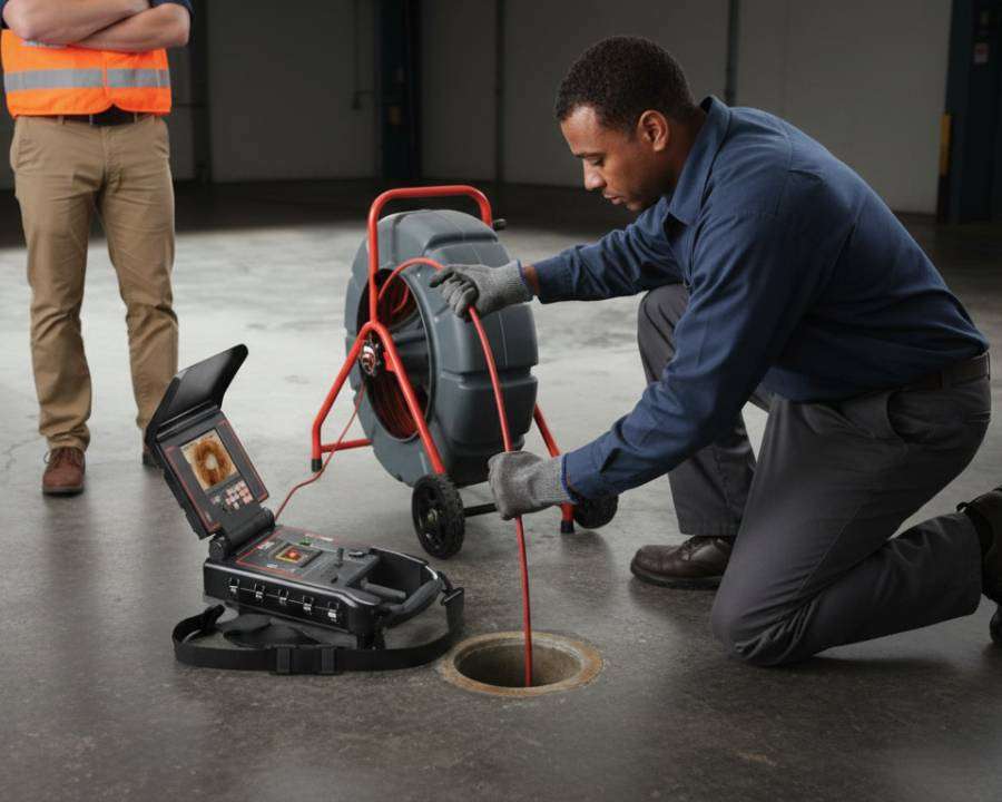Plumber inspecting a drain with a CCTV